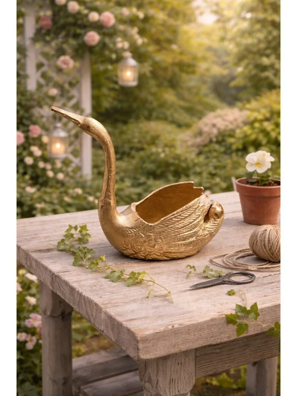 New Gold Metal Hollywood Regency Mini Swan Planter Room Decor Figurine Figure
